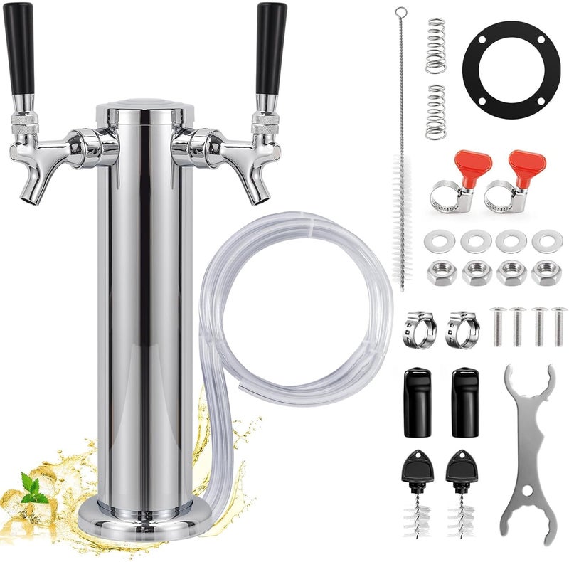 WELLBOM Dual Tap Kegerator Tower Beer Tap Tower 3" Draft Beer Tower Dispenser Keg Tower Beer Faucet Self-Closing Beer Tap Stainless Steel Kegerator Tap Tower Kit with Pre-Assembled Kegerator Line - Image 1
